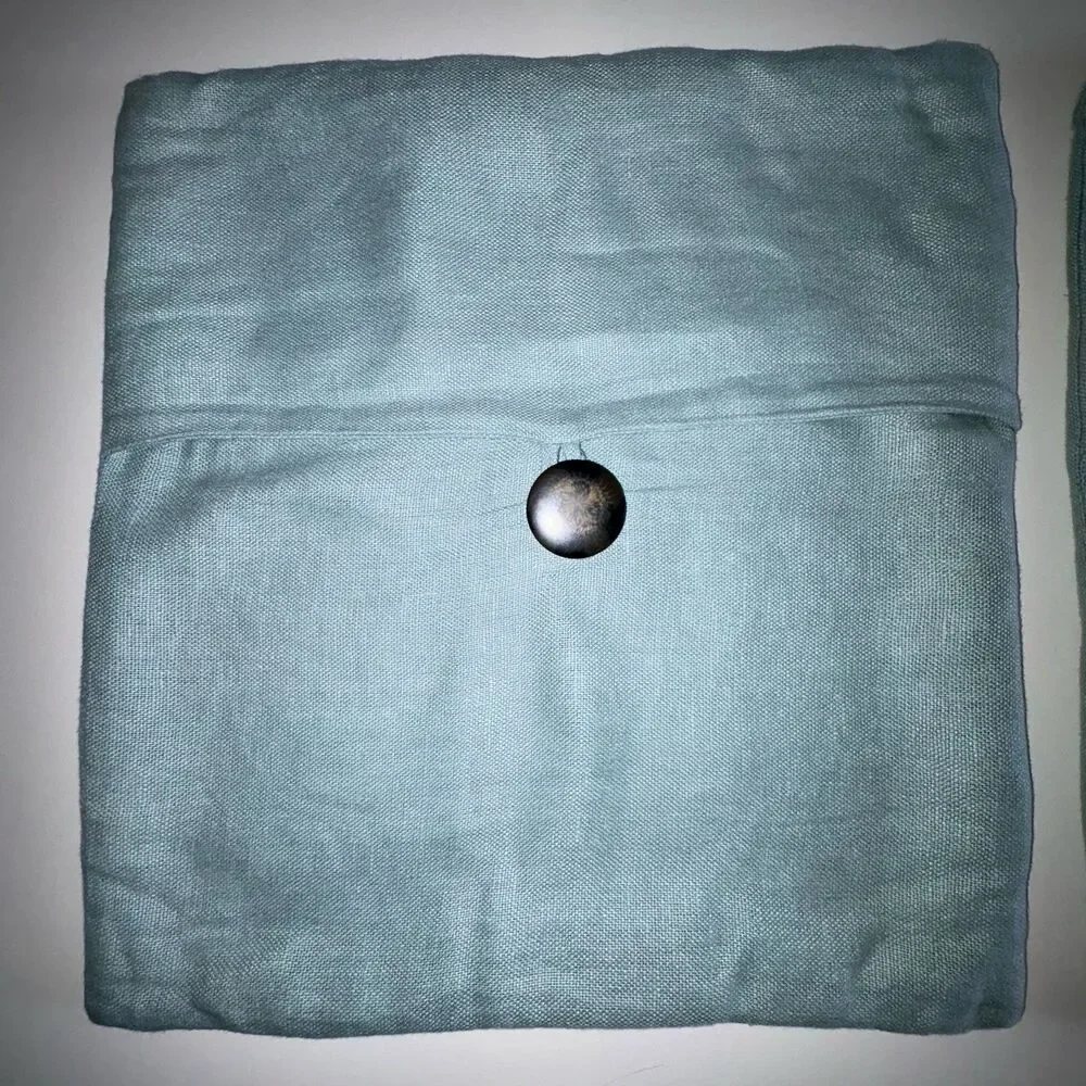 POTTERY BARN Set of 2 Light Blue Linen Throw Pillow Covers Wood Button 18x18”